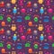 Seamless pattern with cute aliens on a violet background