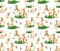 Seamless pattern with cute alpacas on the green grass with musical instruments: guitar and maracas. Fun watercolor background for