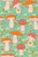 Seamless pattern with cute amanita in the meadow. Vector graphics