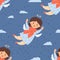 Seamless pattern with cute angel girl on blue background. Vector new year illustration in cartoon style. Cute Xmas kids