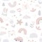 Seamless pattern with cute animals faces and childhood symbols. Childish print for nursery in a Scandinavian style for