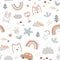 Seamless pattern with cute animals faces and childhood symbols. Childish print for nursery in a Scandinavian style for