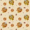 Seamless pattern with cute animals. Lion chef in a chefs hat, with a spoon and a drop of jam licks his lips with