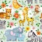 Seamless pattern with cute animals mother and baby on green background