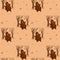 Seamless pattern with cute animals. Playful Bear in red shoes and a knitted hat and scarf with a bird in the autumn