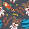 Seamless pattern cute astronaut dog in space with cartoon style. space rockets  planets  stars. Creative vector childish