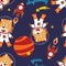 Seamless pattern cute astronaut lion in space with cartoon style. space rockets  planets  stars. Creative vector childish