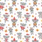 Seamless pattern of cute Australian koalas wombats with big eyes in a deer costume with a lollipop, in a red sweater