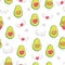 Seamless pattern with cute avocados and hearts and with wings.