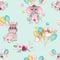 Seamless pattern of cute baby animals with balloons flowers on a blue background Children`s print elephant, Rhino, Hippo birthday