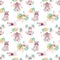 Seamless pattern of cute baby animals with balloons flowers on a white background Children`s print elephant, Rhino, Hippo birthda