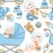Seamless pattern from cute baby, blue baby toys, baby carriage and objects