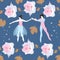 Seamless pattern with cute ballet dancers, hearts, leaves of viburnum and wreaths of roses on blue background. Vector illustration