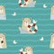 Seamless pattern with cute bears. Funny animals a sailor with a seagull and a lifebuoy and eats ice cream on an emerald