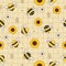 The seamless pattern of cute bee and sunflower and white flower on the yellow background. The character of cute bee and sunflower