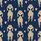 Seamless pattern, cute beige poodle dogs on a blue background with hearts. Children\\\'s print, textile, background