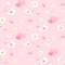 Seamless pattern with cute bird, little white flowers and pink hearts.