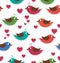 Seamless pattern with cute birds and hearts isolated on white