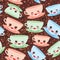 Seamless pattern Cute blue pink green Kawai cup, coffee tea with pink cheeks and winking eyes, pastel colors on brown polka dot ba