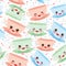 Seamless pattern Cute blue pink green Kawai cup, coffee tea with pink cheeks and winking eyes, pastel colors on white polka dot ba