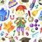 Seamless pattern with cute boy pupil gnome and school objects on white