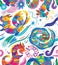 Seamless pattern with cute bright abstract Dragons among the stars and fireworks