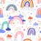 Seamless pattern with cute bright rainbows and rain clouds on white background. Endless repeatable childish texture in