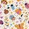 Seamless pattern with cute bugs, beetles, moth and insects, with floral elements, hearts and dots. Colorful hand drawn vector