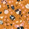 Seamless pattern with cute bugs, beetles, moth and insects, with floral elements, hearts and dots. Colorful hand drawn vector