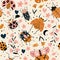 Seamless pattern with cute bugs, beetles, moth and insects, with floral elements, hearts and dots. Colorful hand drawn vector