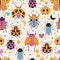 Seamless pattern with cute bugs, beetles, moth and insects, with floral elements, hearts and dots. Colorful hand drawn vector