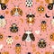 Seamless pattern with cute bugs, beetles, moth and insects, with floral elements, hearts and dots. Colorful hand drawn vector