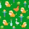 Seamless pattern cute bull, charming scarecrow, chicken, goose and cabbage cartoon childish style. Gardening.