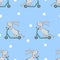Seamless pattern with cute bunny riding a scooter.
