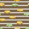 Seamless pattern with cute buses on color background. Cartoot transport. Vector illustration. Doodle style. Design for