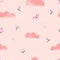 Seamless pattern of cute butterfly, clouds and stars on pink background. Creative texture for fabric, wrapping, textile.