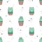 Seamless pattern with cute cactus cat in pots.