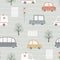 Seamless pattern with cute cars, traffic lights and trees