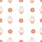 Seamless pattern with cute cartoon bunny in dress on white background. Wallpaper with cheerful rabbitin in clothes. Funny hare.