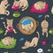 Seamless pattern with cute cartoon cats. The cat eats, sleeps, pulls up, plays with thread and mouse