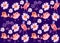 Seamless pattern with cute cartoon chickens, leaves and flowers on dark blue background. Print for fabric, wallpaper for baby