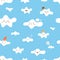 Seamless pattern with cute cartoon clouds on  blue background. Wallpaper with cloudy weather. Print with serene skies. Abstract.