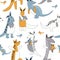 Seamless pattern cute cartoon colorful vector illustration happy kangaroo with black contours on the white background