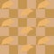 Seamless pattern. Cute cartoon croissant on checkered brown square many background. For tablecloth, wallpaper, kitchen decoration