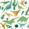 Seamless pattern with cute cartoon dinosaurs in flat style.