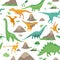 Seamless pattern with cute cartoon dinosaurs, plants and volcanoes in flat style.