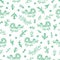 Seamless pattern with cute cartoon dinosaurs and plants on white background. Floral print. Funny dragons in the meadow.