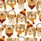 Seamless pattern of cute cartoon dogs with autumn clothes and accessories. Dogs with warm scarf, and hat, glasses and headphones