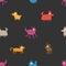 Seamless pattern with cute cartoon dogs on dark background. Funny  colorful animals. Joyful vector puppies.