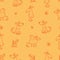 Seamless pattern with cute cartoon dogs on orange background. Funny puppies are walking in nature. Print with joyful animals. Vect